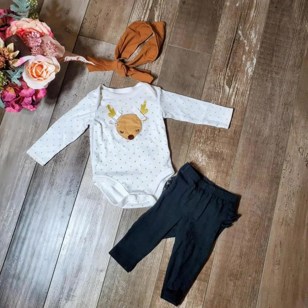 Baby Girl Reindeer Gold Polka Dot Outfit with Headband Size 3-6M